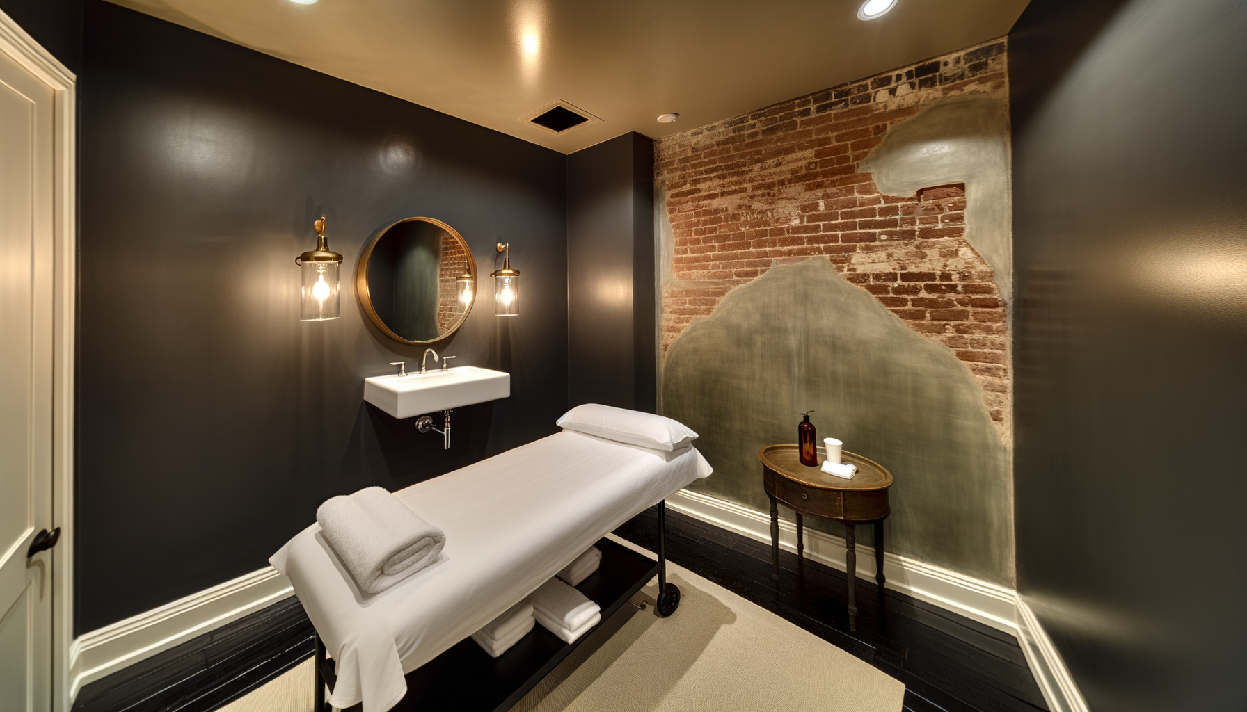 Dark luxury treatment room with brick accent wall